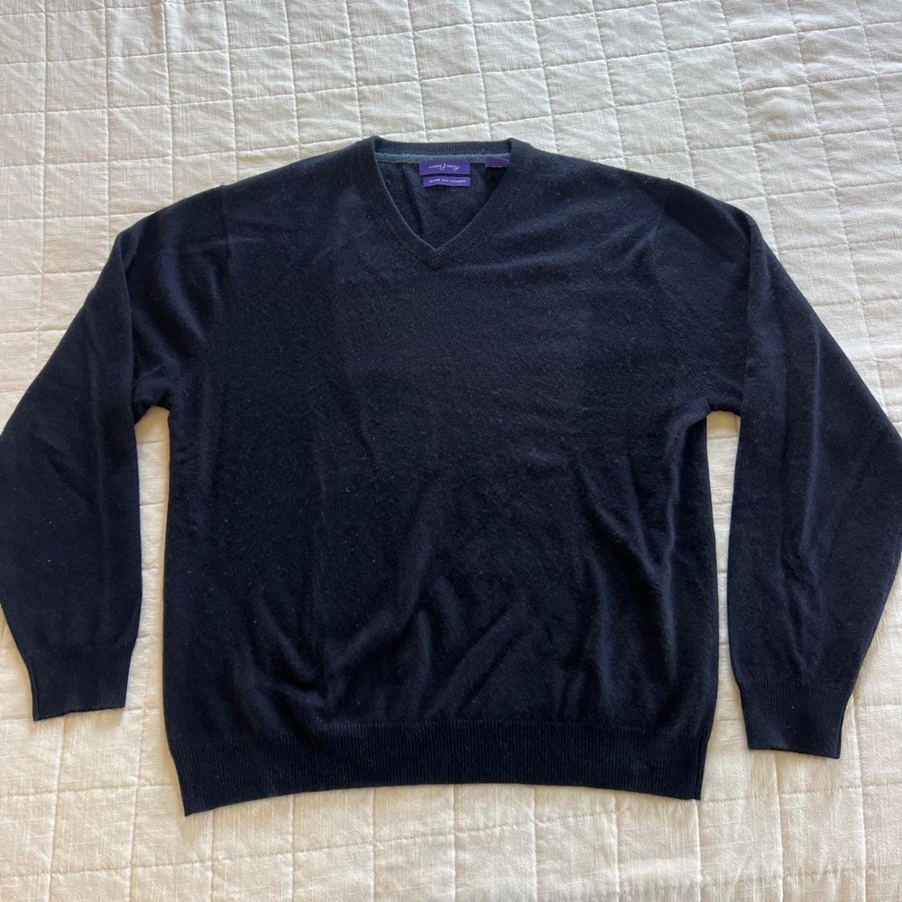 Alan Flusser Navy Blue V-Neck Sweater XL Merino Silk Cashmere